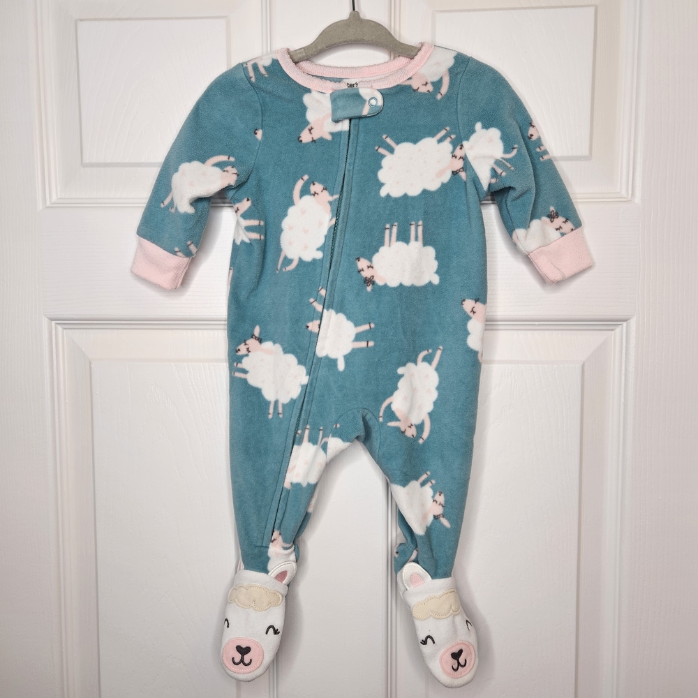 Carter's Baby Girl Sheep Fleece Footie Pajamas Teal Pink Cozy Size 3M